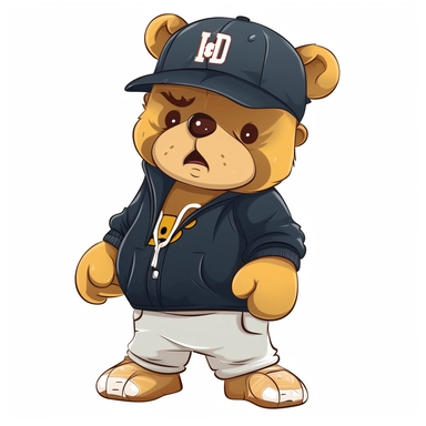 tough looking teddy bear Clipart, teddy bear with a gold chain and a baseball cap turned backwards, wearing baggy pants and a hoodie, png