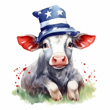 american flag day, watercolour clipart, beautiful cute calf cow wearing americam hat sitting in grass, cute, happy, realistic, cute