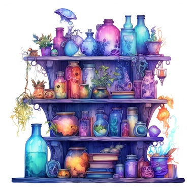 Witches PotionShelf Watercolor dreamy Clipart, pastel-core purple turquoise blue orange red yellow Magical Mystical Art, Fantasy Clipart, Witchcraft Potion many details style of Demizu Posuka no people