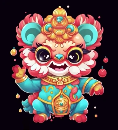 Chinese New Year Dopamine Emotional Outfit A pink and gold clip art dragon figure in a lion dance, kawaii aesthetic style, 32k ultra high definition, deep red and sky blue, manticore, elaborate costume, black background, li-core