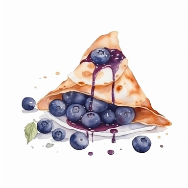 a watercolor Crepe with blueberry dessert clipart, hd, on white background, spaced out