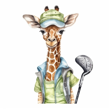 hand drawn watercolor clipart baby giraffe wearing golf gear