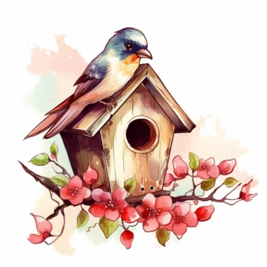 vector clipart, isolated on white background, beautiful lovely Watercolor Spring wooden bird house hanging on the tree with red berries, ornated, vivid and saturated colors
