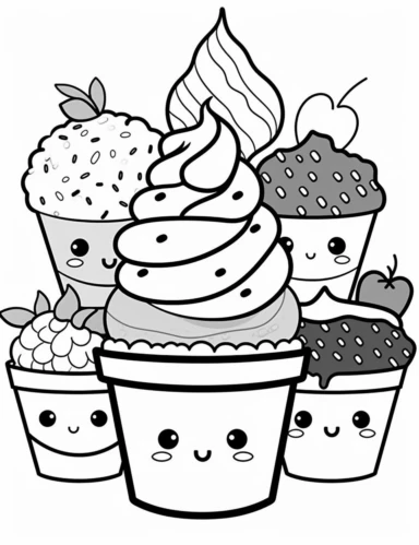 Kawaii Cake Icecream with delightful designs and flavors, like blueberry, chocolate chip, and banana For Simple Coloring page,line art, thick lines, black and white,clipart, illustration, on white background,margin Page 10px