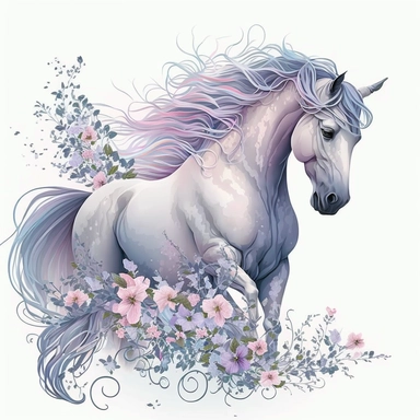 A horse clipart design for girls with a soft and girly color palette of pastel colors like pink, purple and blue to create a dreamy atmosphere. The horse itself is majestic and has a long flowing tail and mane that move in the wind. Flowers and butterflies surround the horse and give the design a romantic touch