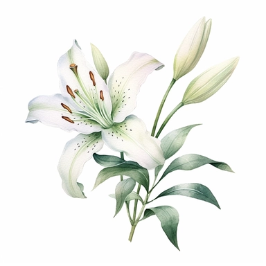 watercolor lily flowers and leaves clipart,tiny, long branches,hd, on white background, space out