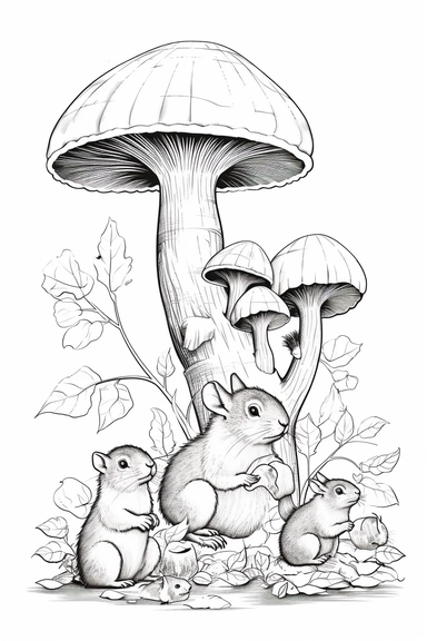 mushroom with a brown cap and a thick stem, with a family of squirrels playing nearby , clipart style of coloring book for children, super simple, thick, clear, lines, black and white, white background