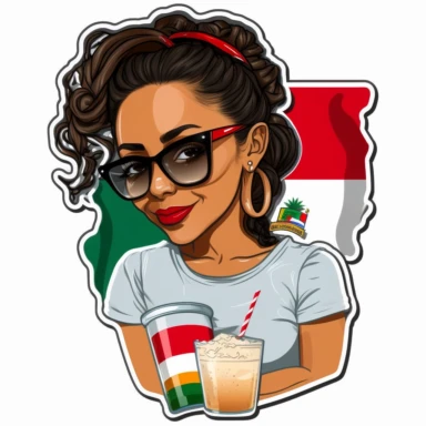 Pretty smiling Hispanic young woman with a t - shirth with the mexican flag, margarita drink, hair in a messy bun and sunglasses realistic cartoon style clipart sticker