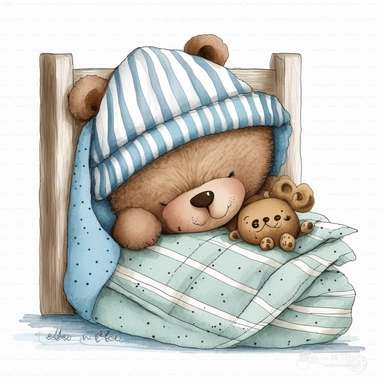cute adorable watercolour children’s illustration brown sleepy time teddy bear , tatty teddy bear inspired, tucked up in his cute little bed, wearing striped blue pyjamas and a bedtime hat, clipart style, png style, svg clipart style, solid white background
