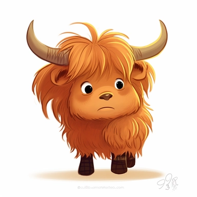 a cute baby longhaired highland cow clipart drawn in Pixar style