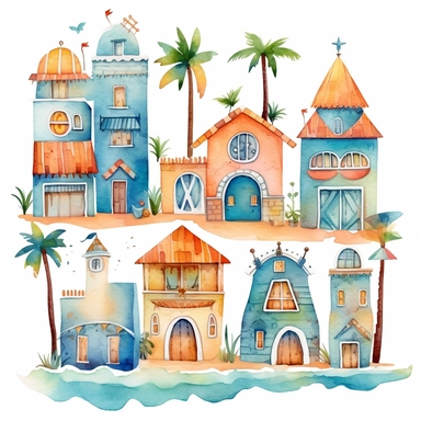Very cute little houses, whimsical, beach scenery, bohemian style, blue sea and sand, boho style, sun beds, umbrellas, colorful stripes, palm trees, sea shore, 9 High Clipart, cute design in Michael Powell style, Watercolor Art, white background