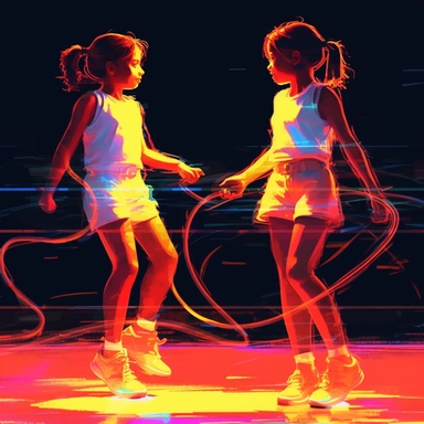 Young girls playing Classic jump rope game outside, bold colors, retro neon style, photorealistic, high-resolution photography, transparent background PNG clipart – ar 16:9