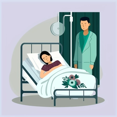 asian wife by hospital bedside of sick husband, transparent white background, flat clipart style
