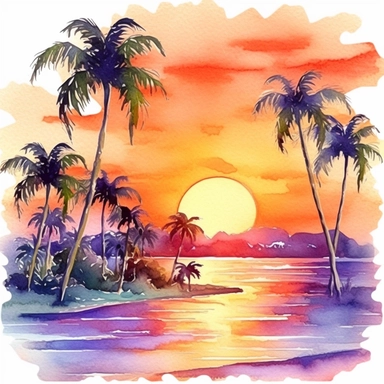 watercolor tropical sunsets clipart, digital graphics beach landscape
