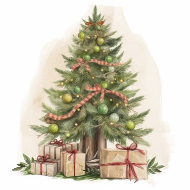 A rustic watercolor clipart of a Christmas tree, featuring a hand-drawn illustration of a vintage tree with wooden ornaments and burlap ribbons, adding a cozy and nostalgic touch to the holiday season, Artwork, colored pencils,