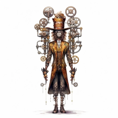 steampunk victorian prototype, full body, watercolor, gears, pinions, calipers, clocks, rivets, top hat, clipart, duo tone, realistic, ultra resolution, vivid detail, 8k, minimal watercolors, white background