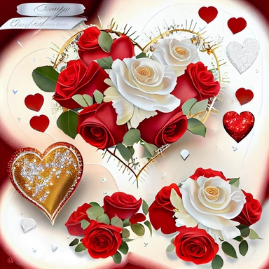 realistic, beautiful, extremely detailed, red and white roses, on elegant, sparkling, detailed, gold glitter, puffy satin hearts, Watercolor Valentine's day wreaths and clipart, good lighting, clear and sharp focus Hand painted hearts,