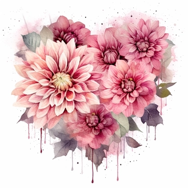 a heart shape made with pink and pastel pink Dahlia flowers, wet on dry watercolour style, dark gothic antique look, clipart, white background