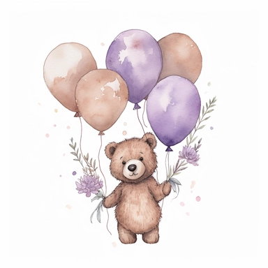 boho watercolor bear beige colors holding lavender baloons outline vector clipart