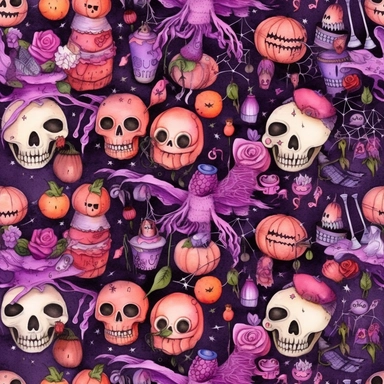 ultra beautiful halloween, witch, spider, web, bat clipart, seamless pattern, ornamental pink, black, orange, purple watercolor,