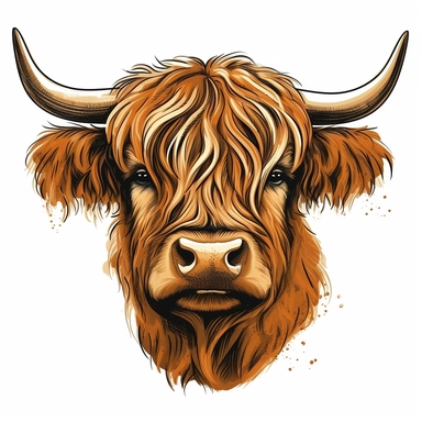 full color Hand drawn clip art illustration on white background of a Highland cow