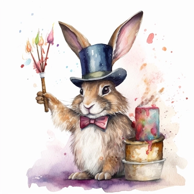 Clipart, watercolor, white background: A birthday rabbit popping out of a magician's hat, holding a wand and ready to perform birthday magic.