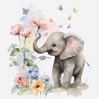 charming illustration of baby elephant, flowers, soft and delicate colors, surrounded by butterflies, watercolor,white background, clipart