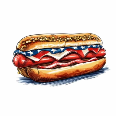 american patriotic flag hot dog clipart illustration, centred, vibrant colors, red, white and blue, add the flag, on a white background, no watermark, no logo, no writing