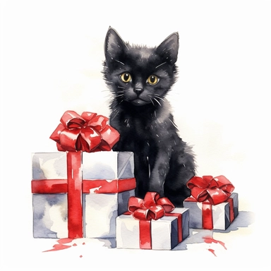 Clipart, watercolor, white background: A black kitten wearing a red bow tie, sitting next to a stack of beautifully wrapped Christmas gifts, adding elegance to the festive scene.