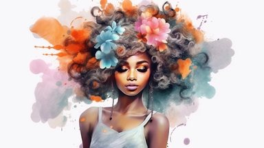 An enchanting clipart showcasing a stylish African American girl with a textured hairstyle, dressed in trendy and whimsical attire, placed against a high-resolution and grey background, presented in the form of a vibrant watercolor art piece,