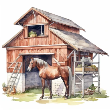 Watercolor Horse Stable Clipart,white background, very detailed, Cartoon,hyper realistic, intricate detail, illustration style,high solution,on the white background