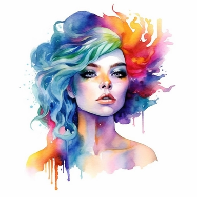 a beautiful woman princess with rainbow hair. white background. clipart. watercolour.