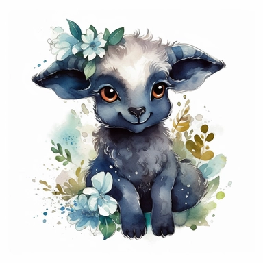 a moving babyram with cute big eyes, happy smiling face, cute animal, adorable, playful atitude, astrology, adorable watercolor animal clipart with a few plant and flowers decor, no background, high quality very sharp with clear focus
