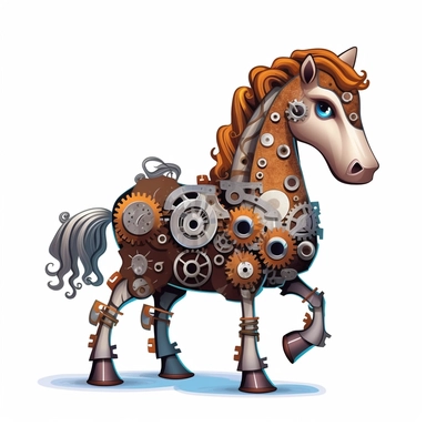friendly horse with cute eyes, standing up, in the style of steampunk, clipart, white background, lots of cogs