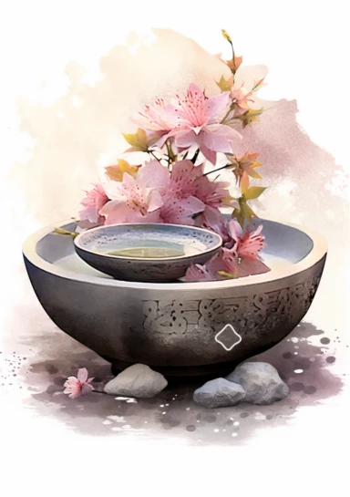 a Zen garden stone bowl - Japanese Serenity: Cherry Blossoms (Japan), Lotus (India), Chrysanthemums (China) - artistic watercolor clipart