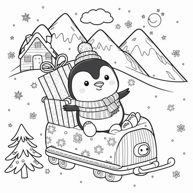 coloring book page for kids, cute whimsical penguin on a snow sled, sitting on top of a big Christmas present mountain, clipart, cartoon children's stylehand drawn line art, black and white,