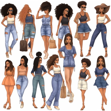 Denim girl clipart, Denim clipart, Fashion girl clipart, wearing denim shorts, brown leather sandals, Jeans Girl Clipart, African American clipart, Afro girls clipart, Clipart, ultra realistic, hand drawn,wearing the white crop tops, all with beautiful bright smiles, Full body. Clothing line, retail fashion, 2023, fashionnova, African american, mid sized models. Highly detailed. very attractive, glamorous, make up beautiful, gorgeous, glowing make - up. full body and heels. multiple outfits. ind