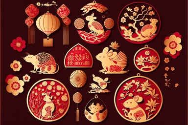 chinese new year design element set rat mouse fireworks cloud lantern flower blossom plum red gold gold coin zodiac signs symbol animal happy 2023 holiday lunar japanese korean vietnamese style traditional geometric text isolated clip art collection bundle silhouette hand-drawn art vector illustration graphic print concept flat line realistic high quality detailed