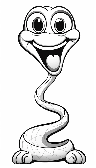 Snake that is clean and simple on a white background, in 2d clipart vector style for adobe illustrator, should express a comic and a cartoon style look, cute and funny, the outer border width must be 4mm, it must be suitable for a coloring book, smooth lines, show full animal with its all body parts in vitali-iakovlev style, single image per page, image should be inside the page, image should not touch the edges of the page