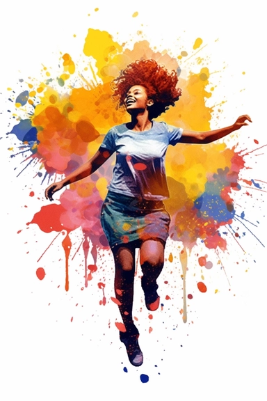 An exuberant clipart featuring an African American girl with a playfully textured hairstyle, sporting fashionable and whimsical clothing, set against a high-resolution and transparent background. The scene is rendered in a vibrant watercolor art style, with fluid brushstrokes and splashes of color that bring a sense of liveliness and energy to the image.
