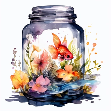Watercolor fairy aquarium in jar clipart, magic fantasy,hd, white background