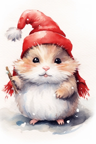 Create a watercolor clipart picture of a happy tomte hamster, white background. The hamster should have a cute and happy expression, with its fur depicted in soft watercolor textures.