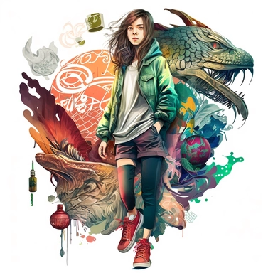 Creative graphic design, beautiful thin russian girl with brown wavy hair, green eyes, insta girl, wearing hip-hop clothes, nike shoes, asian and western culture mix, dragons, lanterns, ice cream, Ipad, collage, clipart, graphic, illustrations, 16K