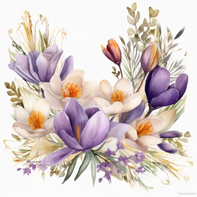 Illustrate a watercolor clipart composition of a crocus border, showcasing the vibrancy and charm of these flowers in the Michelangelo-inspired Watercolor Haven style on a white background. The rich color palette, intricate details, and harmonious composition make this design suitable for various creative endeavors.
