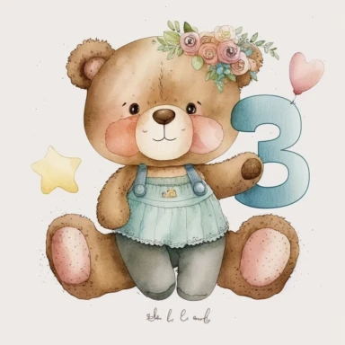 watercolor cute bears holding number 3 clipart