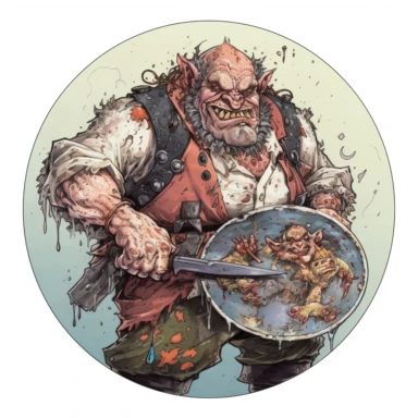 snarling attacking punk leader badass ogre chef cook boss, Josh Kirby Mad Max Lord of the Rings, handpainted enamel punk zine indie retrowave, clipart illustration full body character art, circular frame background
