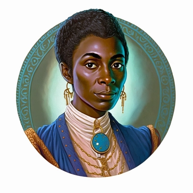 regency African female elf elven noble guild merchant politician, Josh Kirby Mad Max Lord of the Rings, handpainted enamel punk zine indie retrowave, clipart illustration character portrait, circle white background