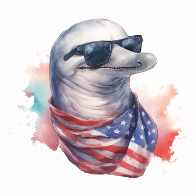 medium shot, low angle, watercolor style, Amazon river dolphin, wears American flag scarf and sunglasses, hyper-realistic animal illustrations, 2d game art, quadratura, clipart, on white background,