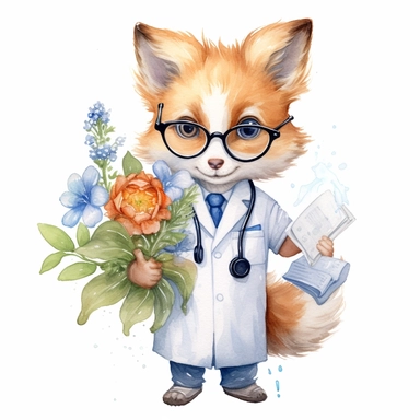 watercolor clipart, white background, cute baby fox, smile, in style doctor, In a doctor's white coat, in glasses, in the paws a bouquet of flowers, high solution