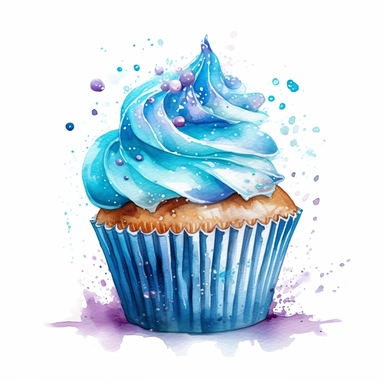 blue cupcake. splashes and sparkles. white background. clipart. watercolour